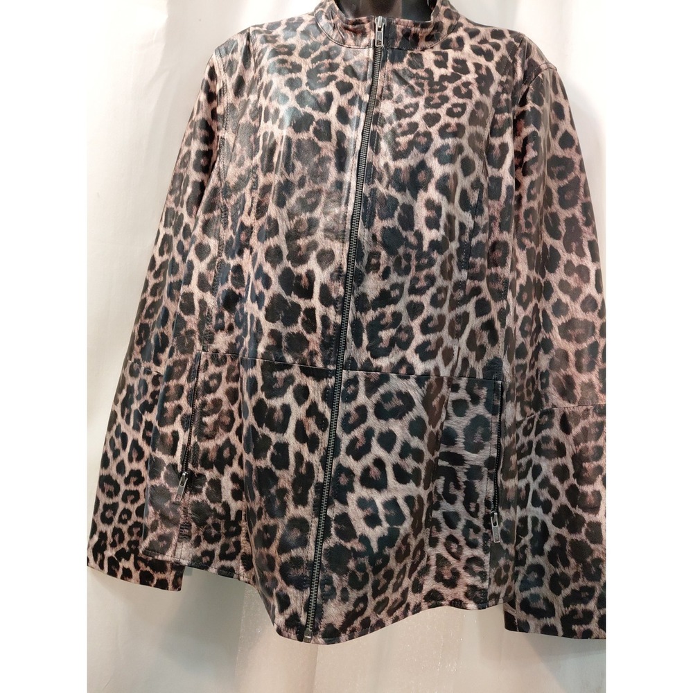 Jessica London Leather Jacket 18W Animal Print Women's Plus Full Zip Mobwife 90s